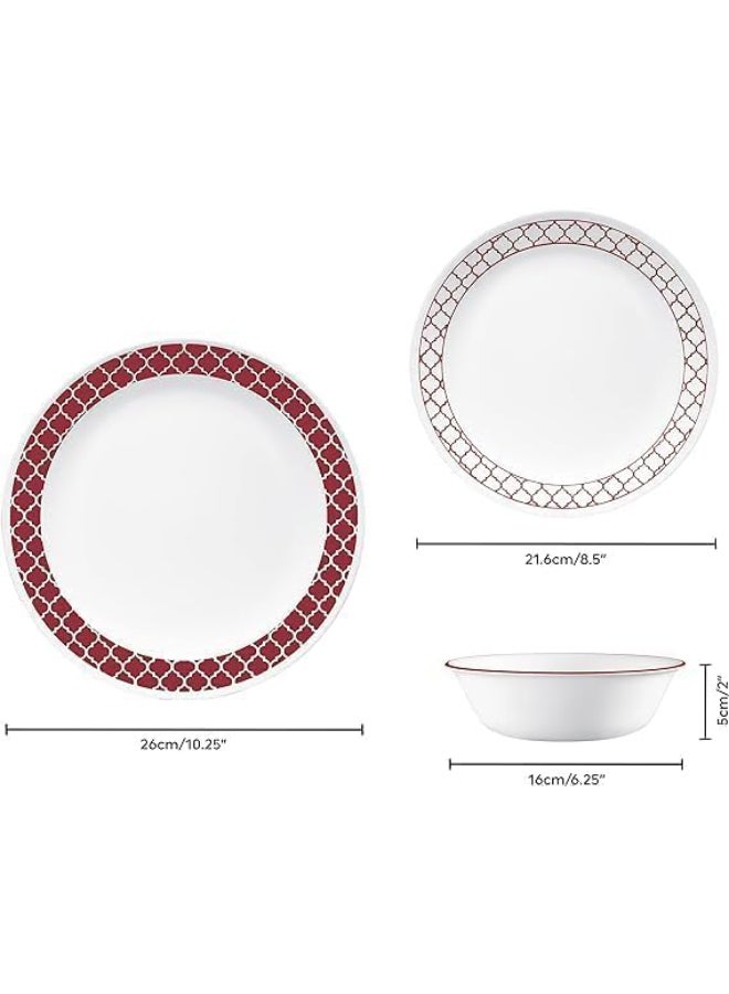 Corelle Crimson Trellis 12-Piece Dinnerware Set, Vitrelle Glass, Chips & Crack Resistant, Lightweight & Stackable, Dishwasher & Microwave Safe, Service for 4, Includes 4 Dinner Plates, 4 Side Plates & 4 Soup/Cereal Bowls - Image 3